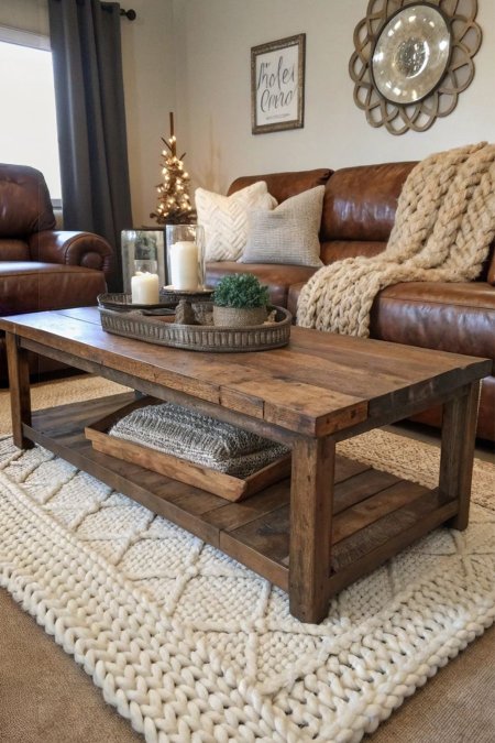 طاولة قهوة خشبية ريفية داكنة مع رف سفلي